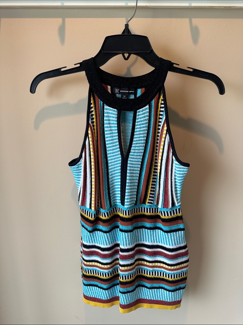 Striped Knit Halter Tank Top in Turquoise, Black & Multi